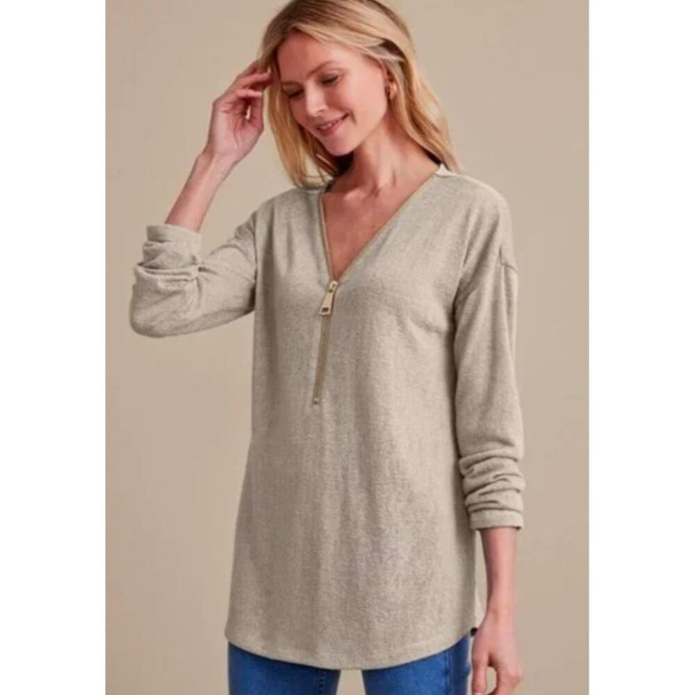 SOFT SURROUNDINGS Tan Valentina Zip Neck Slub Stretch Women's Sweater Medium